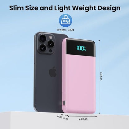 Portable Charger for iPhone with Built in Cables and Wall Plug,Upgraded 13800mAh Fast Charging USB C Power Bank,4 Outputs Travel Essential Battery Pack Compatible with iPhone 15/14/13/12,Samsung-Pink