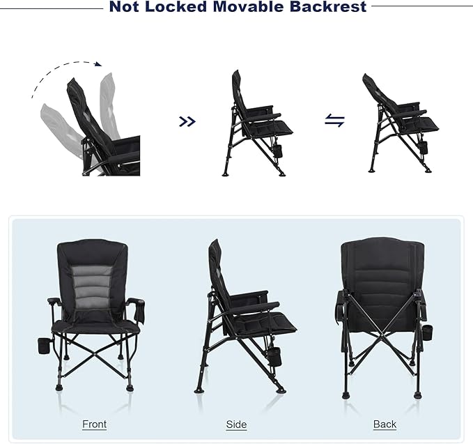Outdoor Folding Camping Chair Heavy Duty Movable High Back Collapsible Padded Chair with Storage Bag for Outside Camping Activities, Black