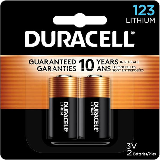 Duracell CR123A 3V Lithium Battery, 2 Count Pack, 123 3 Volt High Power Lithium Battery, Long-Lasting for Home Safety and Security Devices, High-Intensity Flashlights, and Home Automation