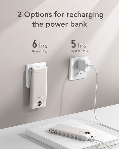 VEGER Portable Charger with Built-in AC Plug and Cables, All in One 10000mAh Ultra-Slim Power Bank, 15W Fast Charging for iPhone, Samsung, Android, Travel Essential (Coffee)