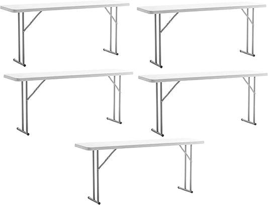 BTEXPERT 6-Foot - 72" Long White Granite Plastic Folding Seminar Training Table Portable 18" Wide Narrow, 29" High, Events Indoor Outdoor Lightweight Set of 5