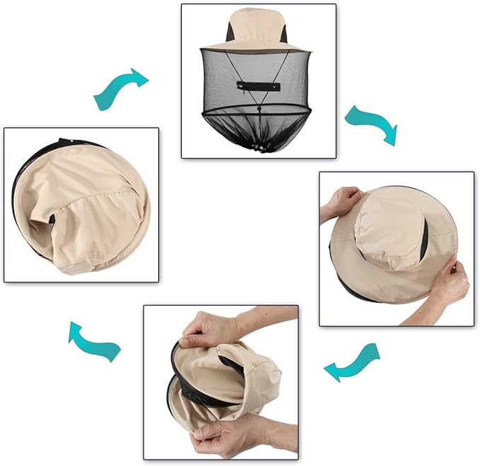 Head Net Hat with Removable Mesh Hidden Netting, Camouflage Design with Zipper Net for Outdoor Fishing Gardening Hiking Face Cover (Beige)