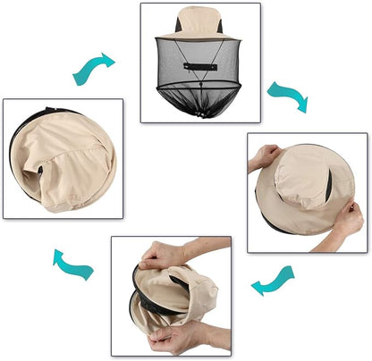 Head Net Hat with Removable Mesh Hidden Netting, Camouflage Design with Zipper Net for Outdoor Fishing Gardening Hiking Face Cover (Beige)