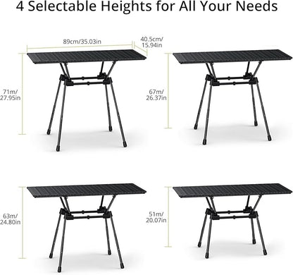 3ft Stable Camping Table, 4 Adjustable Height Lightweight Aluminum Roll Up Camping Table with Carrying Bag, Waterproof, for Garden, Picnic, Outdoor, Travel, Backyard, Beach, 35” X 16”, Black