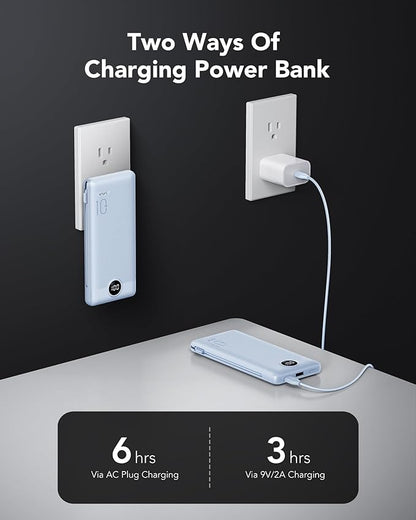VRURC Portable Charger with Wall Plug and Cables, 10000mAh Power Bank with 22.5W Fast Charging USB Port,4 Outputs Dual Inputs Slim Compact Rechargeable Battery Pack Travel Accessories-Blue(1 Pack)