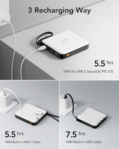 VRURC 20000mAh Portable Charger with Built-in Cables, Travel Essentials, Power Bank PD 20W for iPhone Fast Charging Battery Pack, for iPhone 16 15 14 13 12 11 x Samsung Galaxy Series, White(1 Pack)