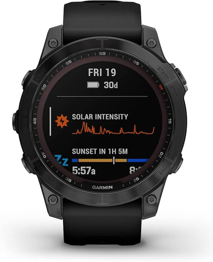 Garmin 010-02540-34 Fenix 7 Sapphire Solar, Adventure smartwatch, Solar Charging Capabilities, Rugged Outdoor GPS Watch, Touchscreen, Health and Wellness Features, Black DLC Titanium with Black Band