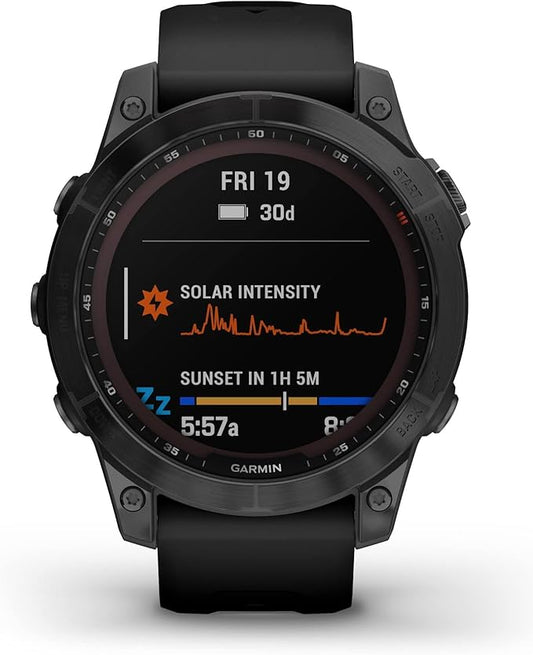 Garmin 010-02540-34 Fenix 7 Sapphire Solar, Adventure smartwatch, Solar Charging Capabilities, Rugged Outdoor GPS Watch, Touchscreen, Health and Wellness Features, Black DLC Titanium with Black Band