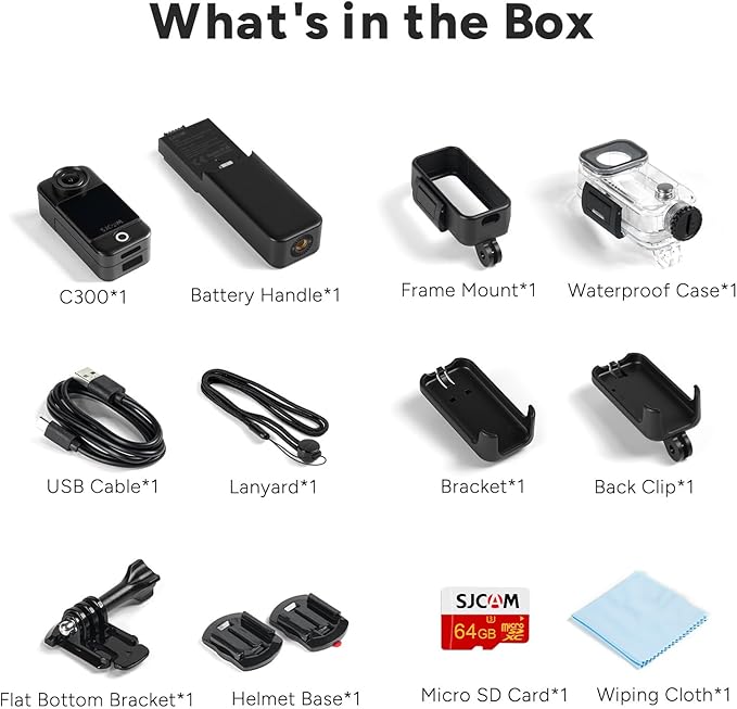 SJCAM C300 Pocket Action Camera 4K,7Hour Power, 6-Axis Stabilization, Dual-Touch Screen Body Camera,30M Waterproof,Vlogging and YouTube Live Streaming,with Accessories Kits,Black,Gifts with 64G Card