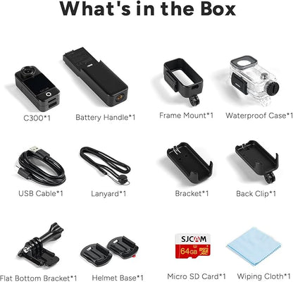 SJCAM C300 Pocket Action Camera 4K,7Hour Power, 6-Axis Stabilization, Dual-Touch Screen Body Camera,30M Waterproof,Vlogging and YouTube Live Streaming,with Accessories Kits,Black,Gifts with 64G Card