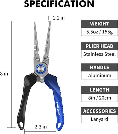 TRUSCEND Lockable Handy Fishing Pliers with Innovative Ergonomic Handle, Saltwater Corrosion Resistant Teflon Coated Fishing Tool, Multi-Function Fishing Gear with Mo-V Cutter