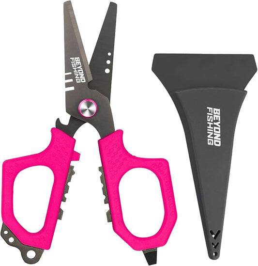 Beyond Fishing 6.5" Pro Fishing Shears Dual Serrated Blades, Fishing Braided Line Scissors with Titanium Coating, Non-Slip Grip & Multifunction Tool, Includes Hard Molded Locking Sheath