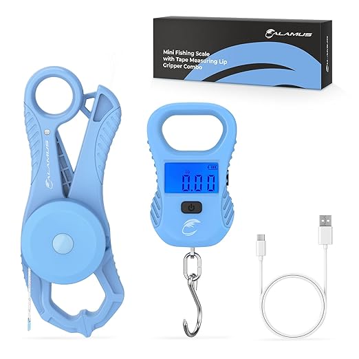 Calamus Lightweight Fish Scale & Lip Grip Combo, Rechargeable Digital Scale with USB Cable, 55lb Capacity, Lip Gripper with Soft Retractable and Detachable Measuring Tape, Fishing Gifts for Men