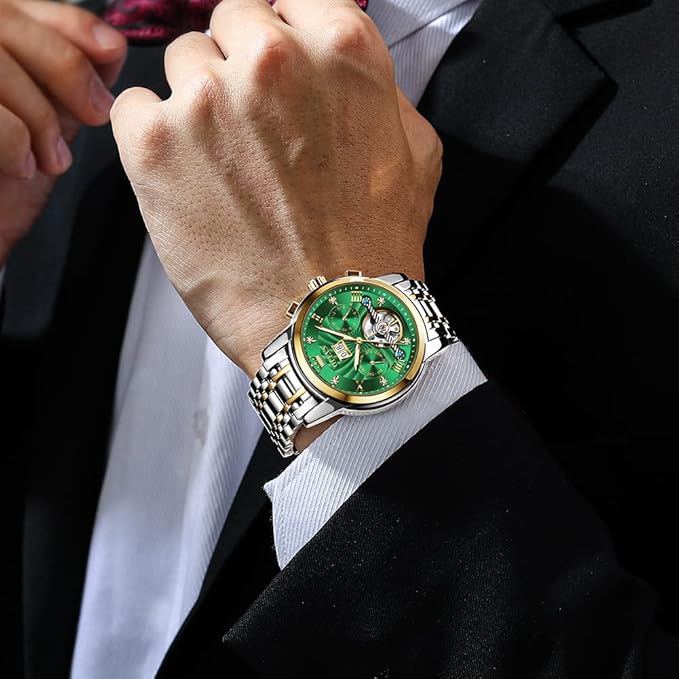 OLEVS Mens Automatic Watches Gold Luxury Diamond Dress Self Winding Mechanical Skeleton Tourbillon Stainless Steel Wrist Watch
