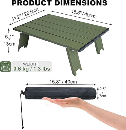 Small Folding Beach Table, Mini Ultralight Camping Table Aluminum, Backpacking Short Table, Green