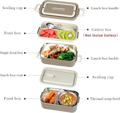 Bento Box Adult Lunch Box, Portable Insulated Lunch Containers Set, 2-Tier Stackable Stainless Steel Bento Boxes with Thermal Lunch Bag Soup Bowl, Leakproof Food Container