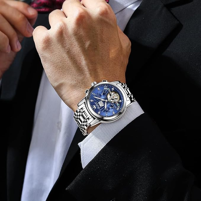 OLEVS Mens Automatic Watches Gold Luxury Diamond Dress Self Winding Mechanical Skeleton Tourbillon Stainless Steel Wrist Watch