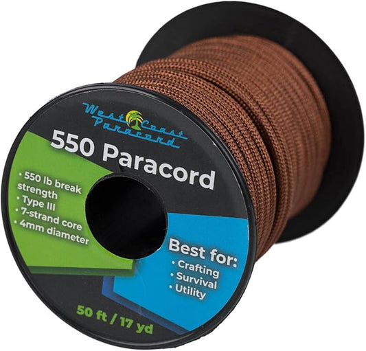 West Coast Paracord 100, 50 Feet 550 Lb. Paracord Parachute Rope Great for Outdoors Camping, Storage Kayak Utility Spool Many Colors