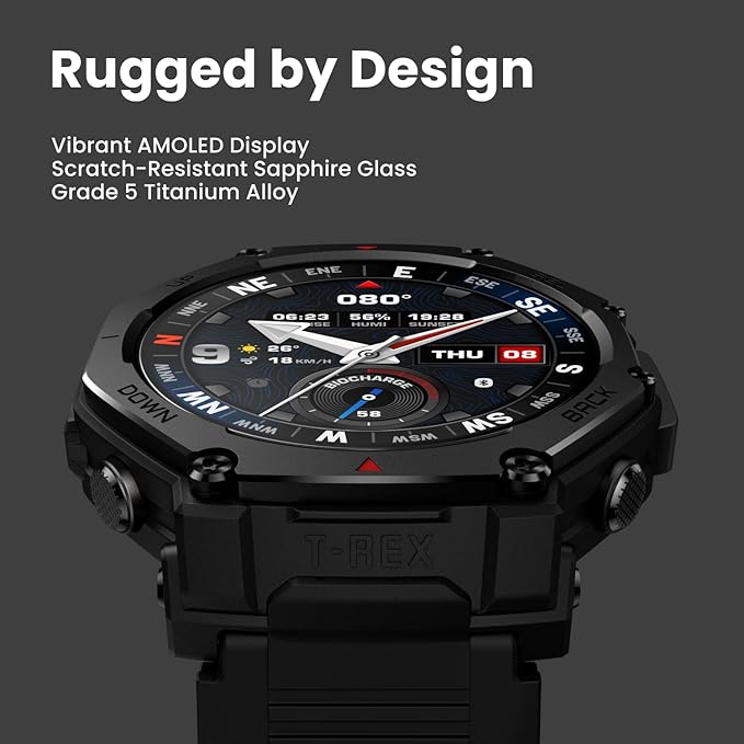 Amazfit T-Rex 3 Pro Outdoor Smart Watch 48mm Sapphire AMOLED Display, Ti Bezel, Dual Band GPS, Offline Maps, 25 Days Battery, Built-in Flashlight, 10 ATM, 180+ Sports Mode for Android & iPhone, Black