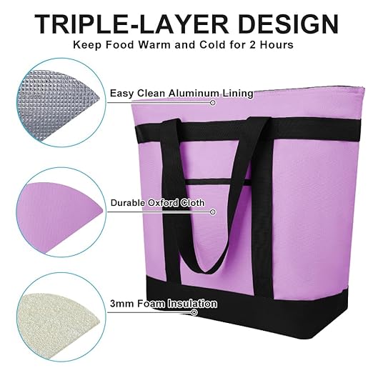 Insulated Reusable Tote Bag for Grocery Shopping for Women/Men, Pizza/Food Delivery Bag to Keep Food Cold/Hot for Uber Eats/Doordash/Grubub, Cooler bags for Travel/Beach/Picnic, Lavender