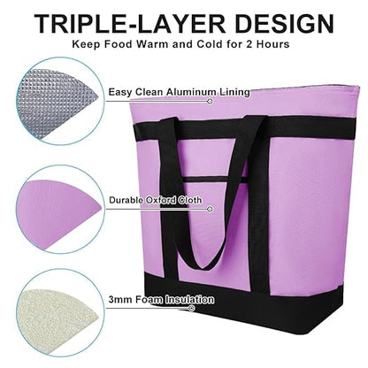 Insulated Reusable Tote Bag for Grocery Shopping for Women/Men, Pizza/Food Delivery Bag to Keep Food Cold/Hot for Uber Eats/Doordash/Grubub, Cooler bags for Travel/Beach/Picnic, Lavender
