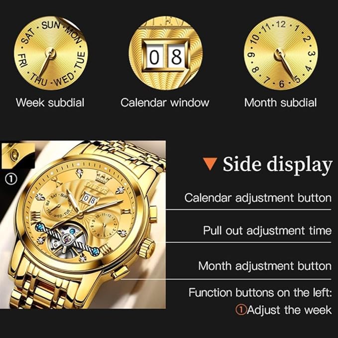 OLEVS Mens Automatic Watches Gold Luxury Diamond Dress Self Winding Mechanical Skeleton Tourbillon Stainless Steel Wrist Watch
