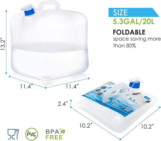 Collapsible Water Container with Spigot, 2×5.3 Gallon BPA Free Camping Water Storage Jug Carrier for Outdoors Hiking Backpack RV&Emergency, Survival Water Canteen-Portable Foldable Transparent