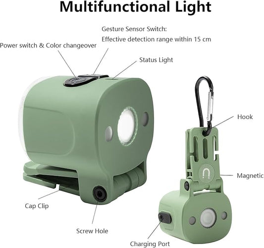 2-Pack Mini Hands Free Rechargeable Hat Light Camping Lanterns Magnetic IPX4 Waterproof Clip on Ultra Light for Emergency, Outdoor, Camping, Fishing, Biking, Night Running (Green)