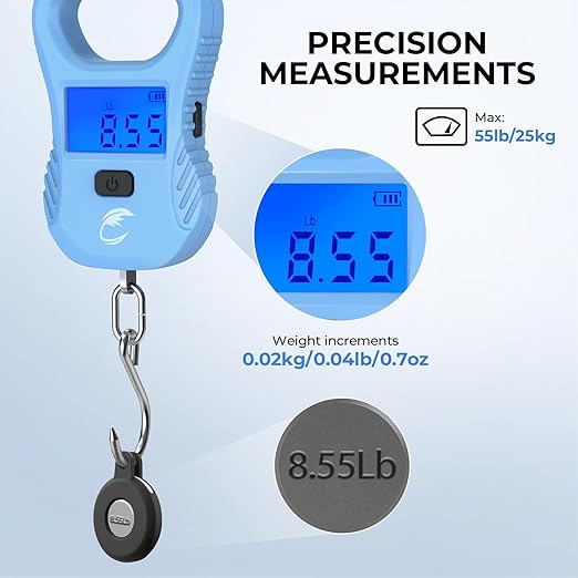 Calamus Lightweight Fish Scale, Rechargeable Digital Scale with USB Cable, 55lb Capacity, Multi-Units Pound/Ounces & Kilograms, High Accuracy, Backlight LCD Display, Fishing Gifts for Men