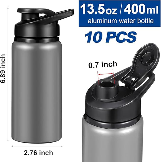 10 Pieces 13.5 oz Reusable Aluminum Water Bottles Bulk Outdoor Sports Water Bottles Multipack Travel Bottles for Gym, Hiking, Cycling, Camping, Fishing, Snap Lid(Gray)