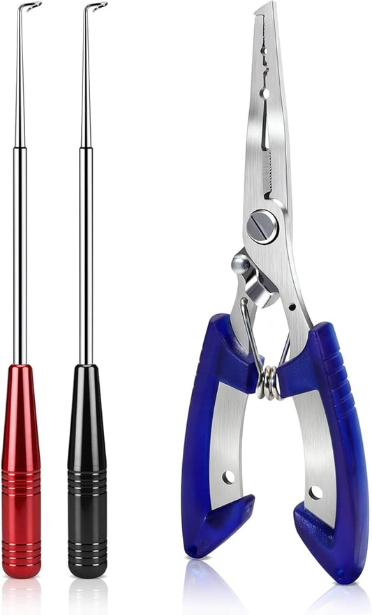 Fish Hook Remover Tool & Fishing Pliers Kit – 2 Stainless Steel Hook Removers + 1 Split Ring Pliers, Quick & Safe Use, Non-Slip Handle, Magnetic Tip, Salt & Freshwater Fishing, Men’s Gift