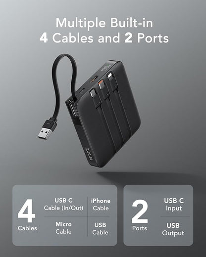 VRURC 20000mAh Portable Charger with Built-in Cables, Travel Essentials, 22.5W Fast Charging Power Bank for iPhone, Phone Battery Pack for iPhone 16 15 14 13 12 11 x Samsung Galaxy Series(1 Pack)