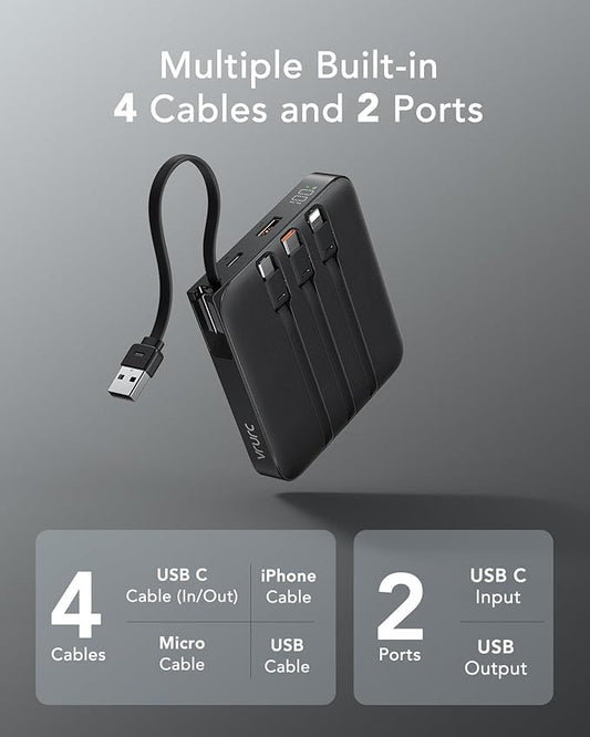 VRURC 20000mAh Portable Charger with Built-in Cables, Travel Essentials, 22.5W Fast Charging Power Bank for iPhone, Phone Battery Pack for iPhone 16 15 14 13 12 11 x Samsung Galaxy Series(1 Pack)