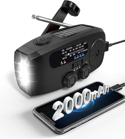 Emergency Hand Crank Radio Emgykit - 2000mAh/7400mWh AM/FM/NOAA Solar Hand Crank Emergency Radio with 3 LED Flashlights, SOS Function for Emergencies, Camping - Black
