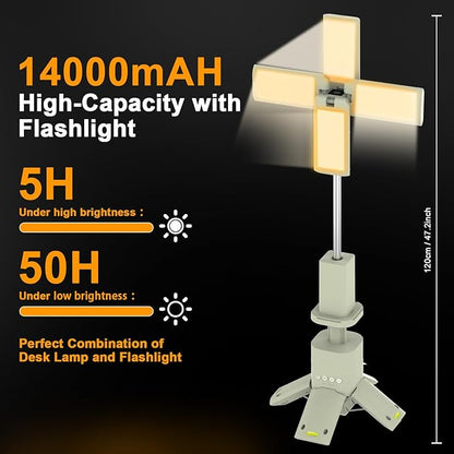 Rechargeable LED Camping Light, Telescopic Portable Work Light with 14000mAh Battery & Flashlight & 4 Panels & Magnetic Stand, Stepless Dimmable Camping Lantern for Outdoor, Power Outage, Emergency