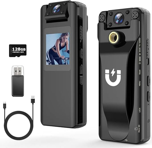 Body Camera with Audio and Video Recording, 128GB Mini Body Cam with 180° Rotating Lens, 10HR Battery & Night Vision, HD 1080P Wearable Bodycam for Law Enforcement, Hiking and Outdoor Sports