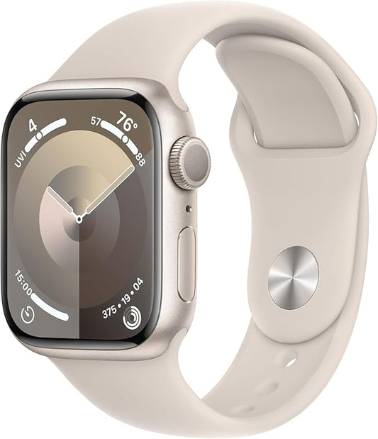 Apple Watch Series 9 [GPS 41mm] Starlight Aluminum Case with Starlight Sport Band, S/M (Renewed)
