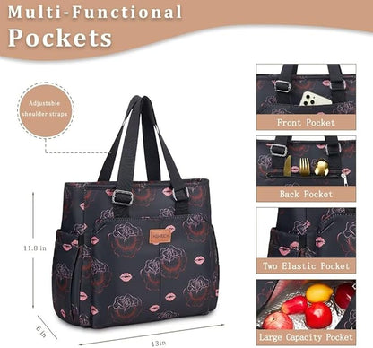 Large Women Lunch Bags for Work/Insulated Adult Lunch Box for Women/Leakproof Cooler Lunch Tote Bag with Storage Pocket. Reusable Lunch Cooler Purse for Work Picnic Hiking 14L,Black Rose