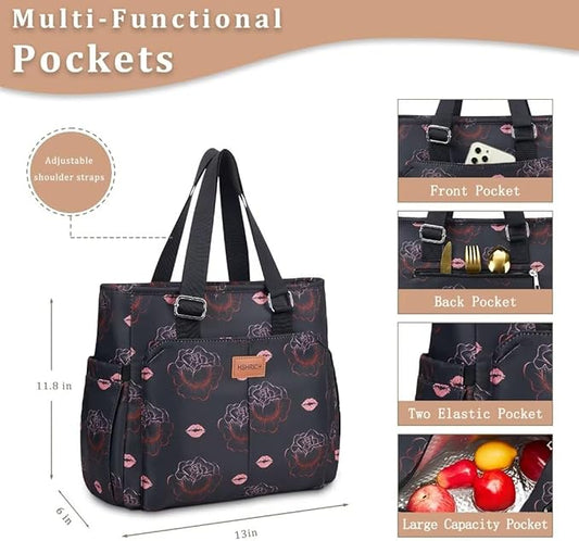 Large Women Lunch Bags for Work/Insulated Adult Lunch Box for Women/Leakproof Cooler Lunch Tote Bag with Storage Pocket. Reusable Lunch Cooler Purse for Work Picnic Hiking 14L,Black Rose