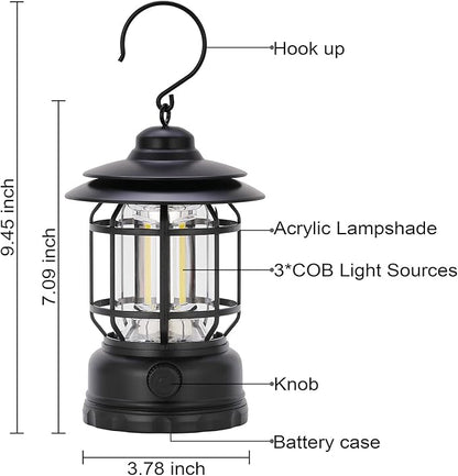Camping Lanterns Rechargeable, Portable Electric LED Camping Lights Outdoor Hanging Tent Light Vintage Tabletop Lantern Decor Stepless Dimming Waterproof for Camping, Power Outages, Indoor (Black)