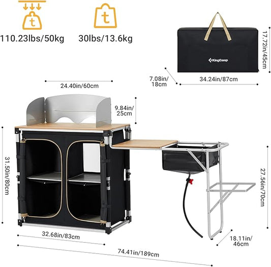 KingCamp Bamboo Camp Kitchen Station, Folding Overland Camping Kitchen Table Hooks Portable Outdoor Cooking with Adjustable Lantern Pole & Windshield Storage Organizer for Tailgating BBQ Picnic RV