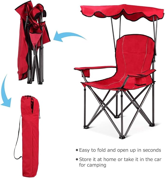 GYMAX Camping Chair, Folding Outdoor Lawn Chair with Canopy, Carry Bag & Cup Holder, Portable Heavy Duty Camp Chair for Outside Travel, Picnic, Beach Soccer Chairs