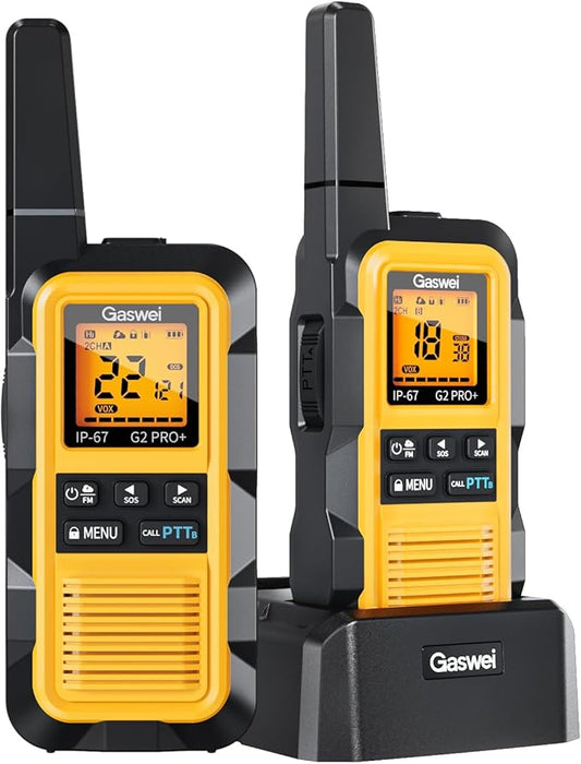 G2pro+ IP67 Waterproof Floating Heavy Duty Walkie Talkies Long Range for Adults FRS Double PTT，FM radio,SOS,NOAA weather Rechargeable Two Way Radios 2 watts,VOX,Li-ion Battery (2 Pack - Yellow)