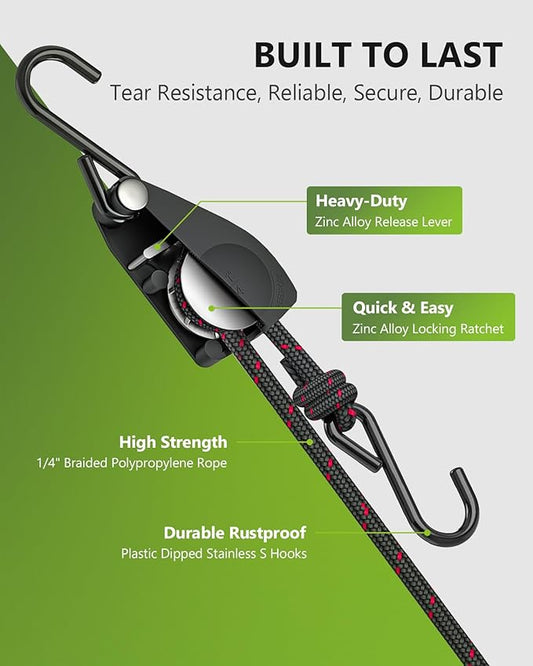 Kayak Straps Tie Downs 8 Pack Set, Roof Rack Straps Adjustable Ratchet Tie Down Straps with Lock S Hooks, 1/4 Inch 12 Feet Ratchet Straps for Small Cargo, Kayak-Soft Loops, Packing, Camping Gear