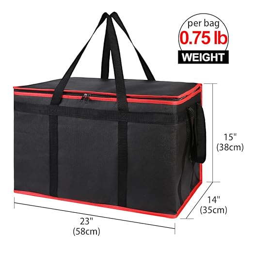 Bodaon 3-Pack Insulated Food Delivery Bag for Hot and Cold Meal, XXXL Cooler/Thermal Bags, Grocery Tote Insulation Bag for Catering, Large Pizza Warmer, Black with Red Edge