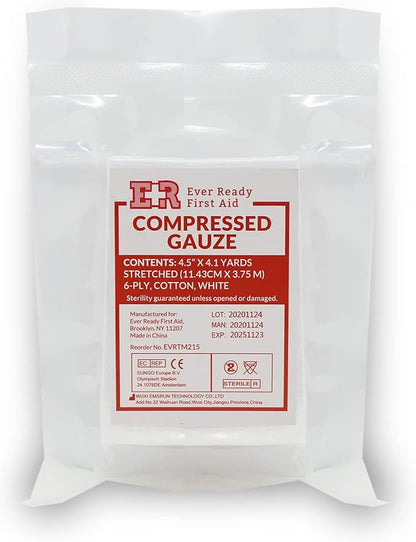 Ever Ready First Aid Compressed Sterile Gauze, 6-Ply Emergency Medical Dressing for First Aid Kits – 4.5” x 4.1 Yards - 1 Pack