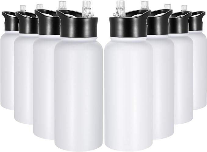 32 oz Insulated Water Bottle Bulk 8 Pack, Stainless Steel Sports Water Bottles with Straw Lid & Wide Mouth Lids, Double Walled Vacuum, Leak Proof, White