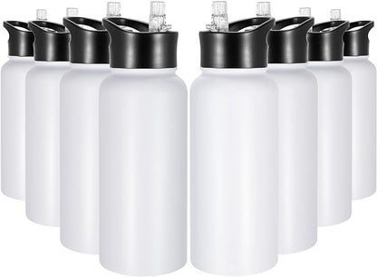 32 oz Insulated Water Bottle Bulk 8 Pack, Stainless Steel Sports Water Bottles with Straw Lid & Wide Mouth Lids, Double Walled Vacuum, Leak Proof, White