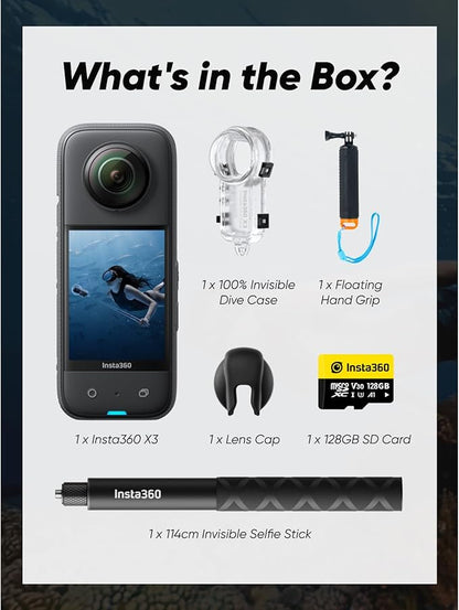Insta360 X3 Invisible Dive Kit - Waterproof 5.7K 360 Action Camera, Dive Case, Selfie Stick, Dual 1/2" 48MP Sensors, Stabilization, 360 Horizon Lock, 4K Single-Lens, AI Editing
