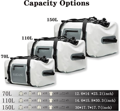 110L Waterproof Duffel Bag Heavy Duty Dry Bag Outdoors Large Storage Sack with Zipper Marine Duffle Motorcycle Luggage,Strap Adjustable for Kayaking,Boating,Camping,Beach Rafting Fishing White